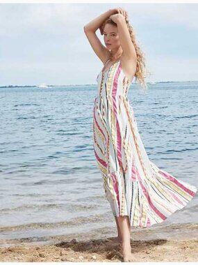 NWOT 14 J.Crew tiered rainbow midi dress in seersucker ribbon stripe